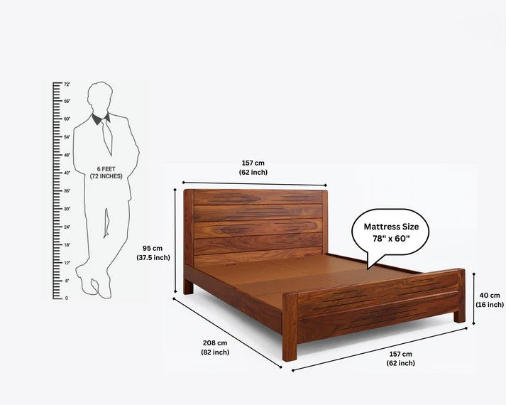 Sheesham Wood Bed Without Storage, Solid Wood in Natural Finish, Modern Design | Queen Size - Mattress Size (78"x60") | Bedroom Furniture | Without Mattress & Side Tables | Low Highted
