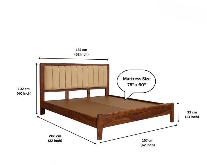 Sheesham Wood Modern Platform Bed with Upholstered Head Board, Solid Wood in Natural Finish, Modern Design | Queen Size - (78"x60") | Without Mattress & Side Tables | Low Highted