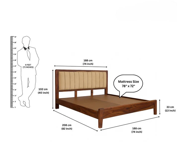 Sheesham Wood Modern Platform Bed with Upholstered Head Board, Solid Wood in Natural Finish, Modern Design | King Size - (78"x72") | Without Mattress & Side Tables | Low Highted