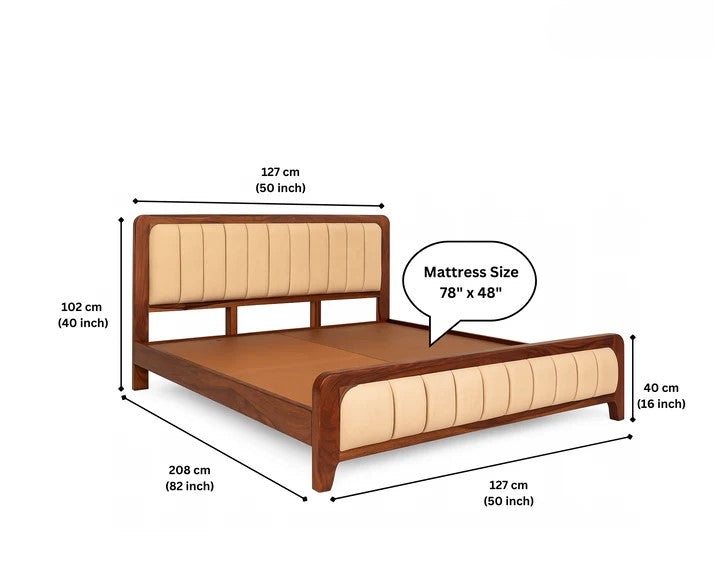 Sheesham Wood Bed with Upholstered Head Board & Foot Board, Solid Wood in Natural Finish, Modern Design | Single Bed - Mattress - (78"x48") | Without Mattress & Side Tables | Low Highted