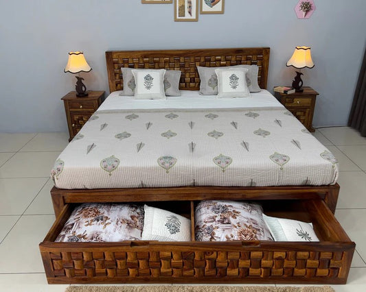 Sheesham Wood Bed in Storage & Drawer - Wooden Niwars Design - King Size