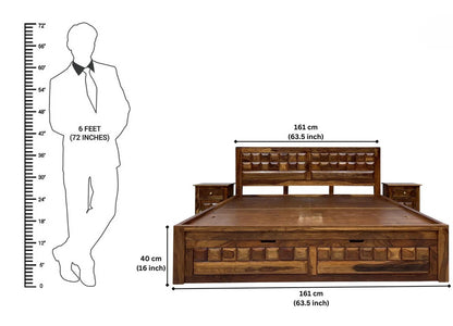 Sheesham Wood Bed in Storage & Drawer – Wooden Diamond Design – King Size