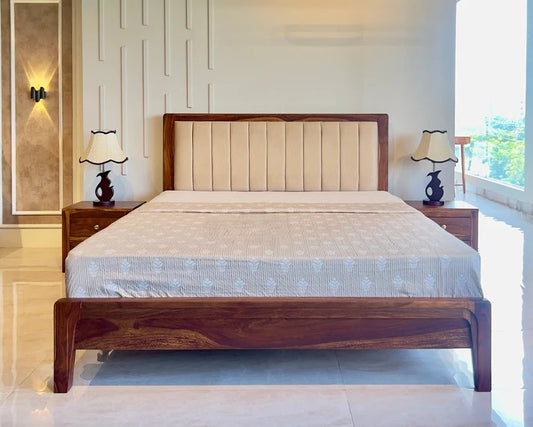 Sheesham Wood Modern Platform Bed with Upholstered Head Board, Solid Wood in Natural Finish, Modern Design | Queen Size - (78"x60") | Without Mattress & Side Tables | Low Highted