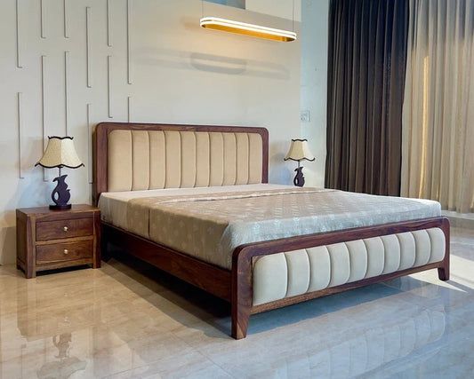 Sheesham Wood Bed with Upholstered Head Board & Foot Board, Solid Wood in Natural Finish, Modern Design | Single Bed - Mattress - (78"x48") | Without Mattress & Side Tables | Low Highted