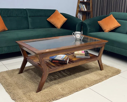 Sheesham Wood Coffee Table/ Centre Table - Glass Top Design - Natural Finish