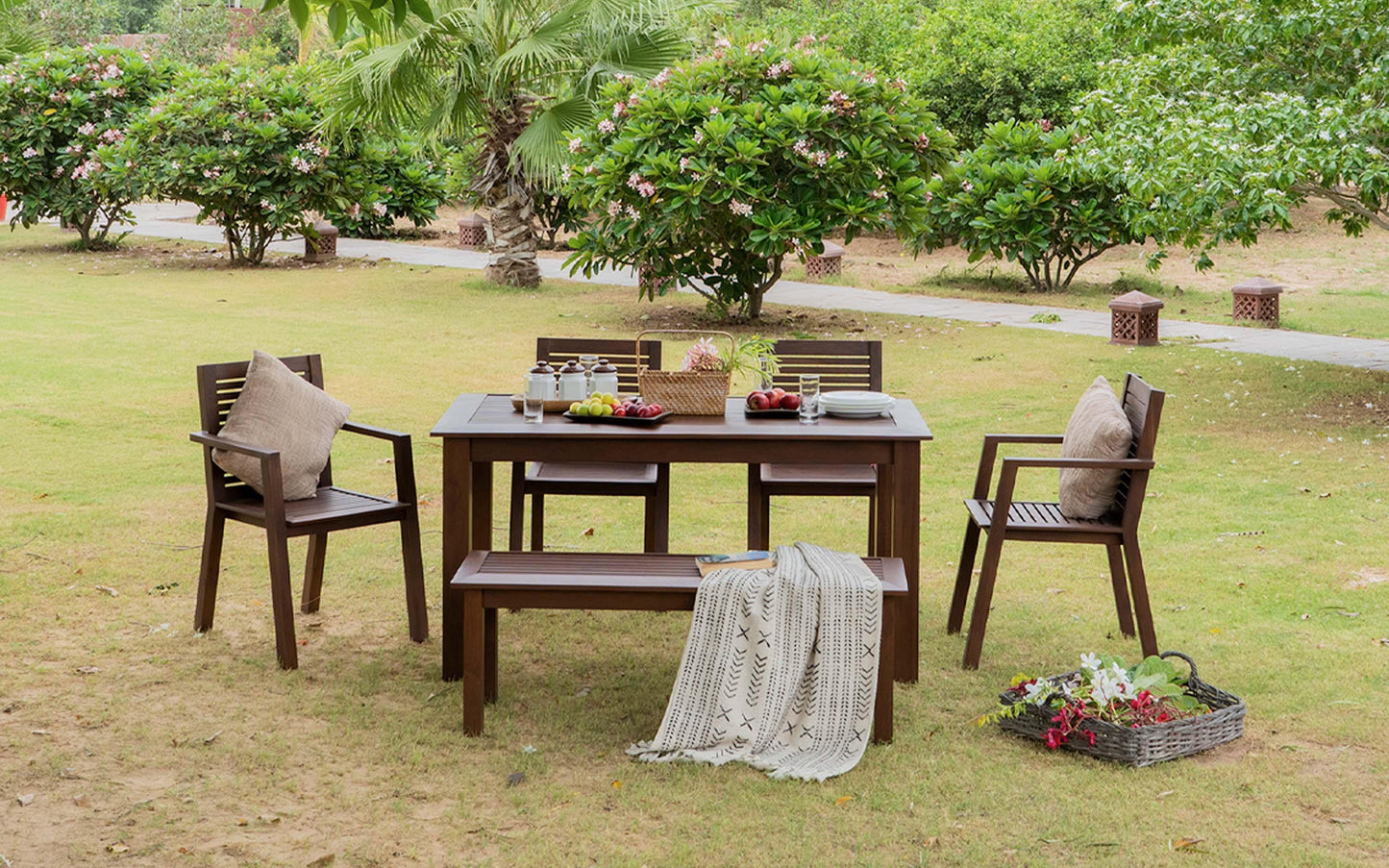 Alfresco Outdoor Dining Table With 4 Arm Chairs And Bench